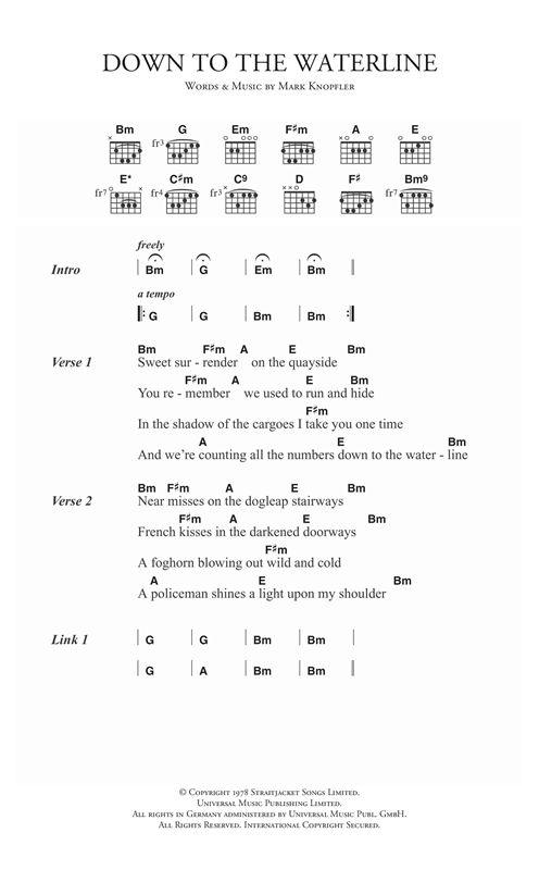 Preview Dire Straits Down To The Waterline Rock sheet music, notes and chords for Piano, Vocal & Guitar (Right-Hand Melody), SKU: 14987 Down To The Waterline sheet music