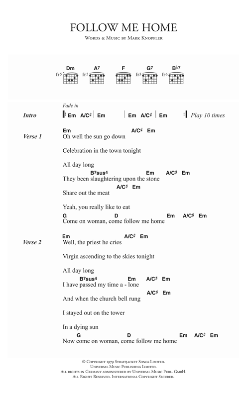 Preview Dire Straits Follow Me Home Rock sheet music, notes and chords for Piano, Vocal & Guitar (Right-Hand Melody), SKU: 14988 sheet music, piano notes, chords, guitar tabs, score, transpose, transcribe, how to play, guide, download, learn, tutorial, progression, song, artist, awards, billboard, mtv, vh1, tour, single, album, release