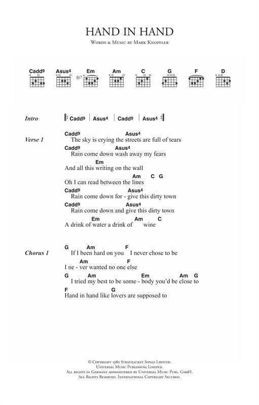 Preview Dire Straits Hand In Hand Rock sheet music, notes and chords for Piano, Vocal & Guitar (Right-Hand Melody), SKU: 14989 sheet music, piano notes, chords, guitar tabs, score, transpose, transcribe, how to play, guide, download, learn, tutorial, progression, song, artist, awards, billboard, mtv, vh1, tour, single, album, release
