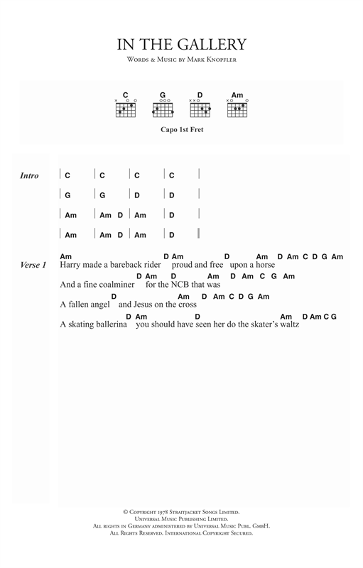 Preview Dire Straits In The Gallery Rock sheet music, notes and chords for Piano, Vocal & Guitar (Right-Hand Melody), SKU: 14990 In The Gallery sheet music