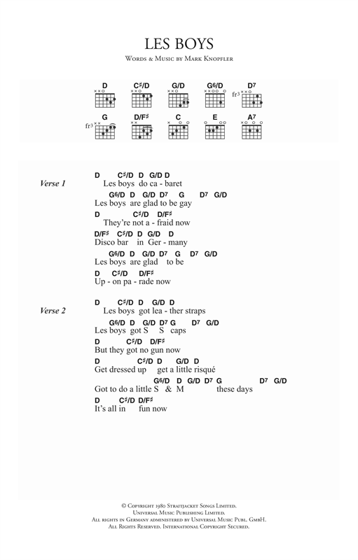 Preview Dire Straits Les Boys Rock sheet music, notes and chords for Piano, Vocal & Guitar (Right-Hand Melody), SKU: 14992 sheet music, piano notes, chords, guitar tabs, score, transpose, transcribe, how to play, guide, download, learn, tutorial, progression, song, artist, awards, billboard, mtv, vh1, tour, single, album, release