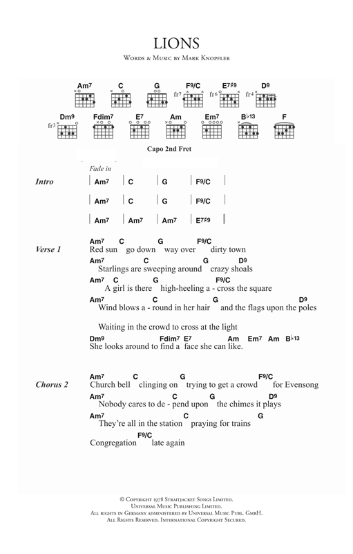 Preview Dire Straits Lions Rock sheet music, notes and chords for Piano, Vocal & Guitar (Right-Hand Melody), SKU: 14993 sheet music, piano notes, chords, guitar tabs, score, transpose, transcribe, how to play, guide, download, learn, tutorial, progression, song, artist, awards, billboard, mtv, vh1, tour, single, album, release