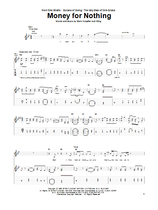 Preview Dire Straits Money For Nothing Rock sheet music, notes and chords for Piano, Vocal & Guitar, SKU: 17865 Money For Nothing sheet music
