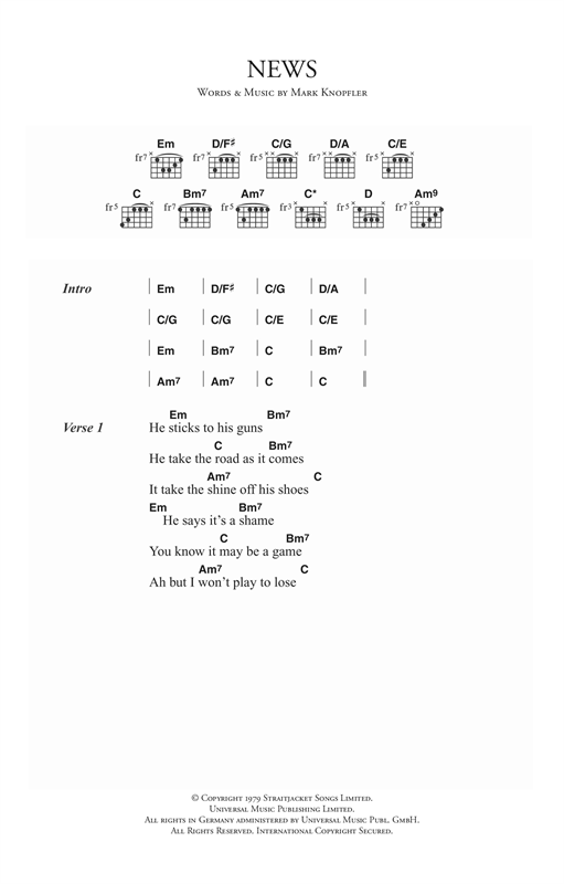 Preview Dire Straits News Rock sheet music, notes and chords for Piano, Vocal & Guitar (Right-Hand Melody), SKU: 14994 News sheet music