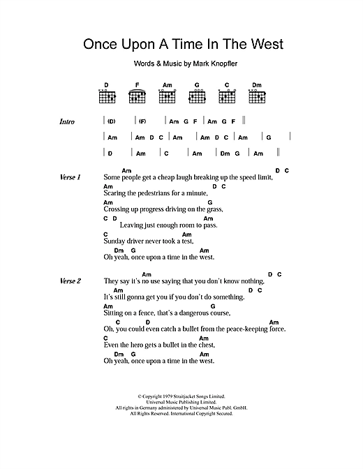 Preview Dire Straits Once Upon A Time In The West Rock sheet music, notes and chords for Piano, Vocal & Guitar (Right-Hand Melody), SKU: 14995 sheet music, piano notes, chords, guitar tabs, score, transpose, transcribe, how to play, guide, download, learn, tutorial, progression, song, artist, awards, billboard, mtv, vh1, tour, single, album, release