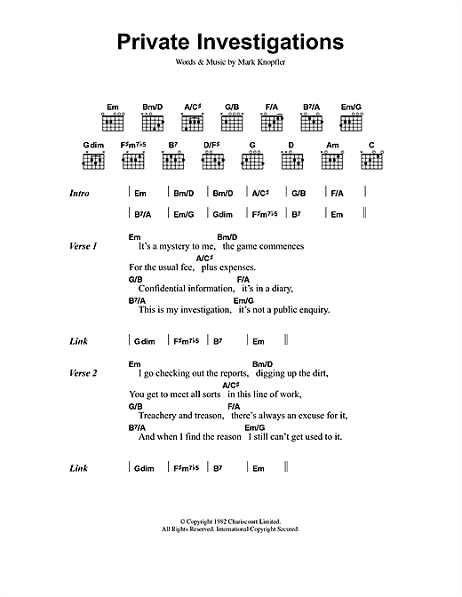 Preview Dire Straits Private Investigations Rock sheet music, notes and chords for Piano, Vocal & Guitar (Right-Hand Melody), SKU: 17632 sheet music, piano notes, chords, guitar tabs, score, transpose, transcribe, how to play, guide, download, learn, tutorial, progression, song, artist, awards, billboard, mtv, vh1, tour, single, album, release