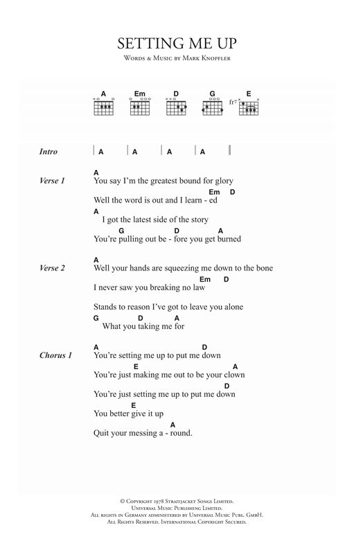 Preview Dire Straits Setting Me Up Rock sheet music, notes and chords for Piano, Vocal & Guitar (Right-Hand Melody), SKU: 14996 Setting Me Up sheet music