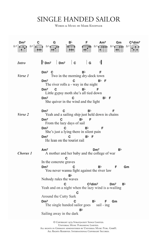 Preview Dire Straits Single Handed Sailor Rock sheet music, notes and chords for Piano, Vocal & Guitar (Right-Hand Melody), SKU: 14997 Single Handed Sailor sheet music