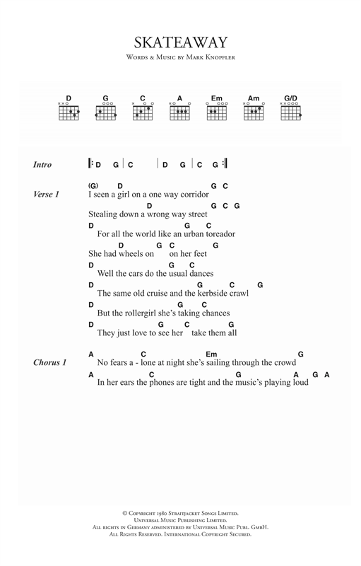 Preview Dire Straits Skateaway Rock sheet music, notes and chords for Piano, Vocal & Guitar (Right-Hand Melody), SKU: 14999 Skateaway sheet music