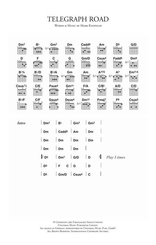 Preview Dire Straits Telegraph Road Rock sheet music, notes and chords for Guitar Tab, SKU: 33777 Telegraph Road sheet music