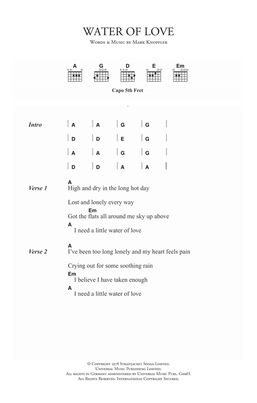 Preview Dire Straits Water of Love Rock sheet music, notes and chords for Piano, Vocal & Guitar (Right-Hand Melody), SKU: 15001 Water of Love sheet music