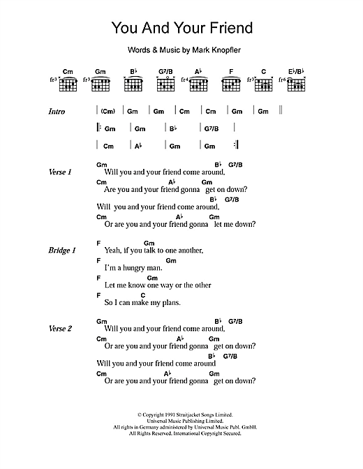 Dire Straits You And Your Friend Sheet Music Notes & Chords for Lyrics & Chords - Download or Print PDF