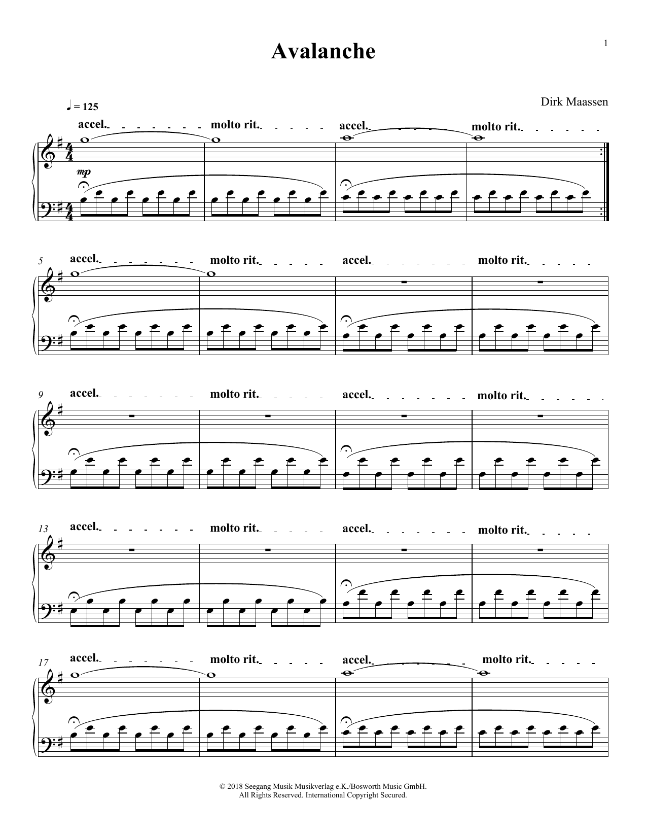 Dirk Maassen Avalanche Sheet Music Notes & Chords for Piano Solo - Download or Print PDF