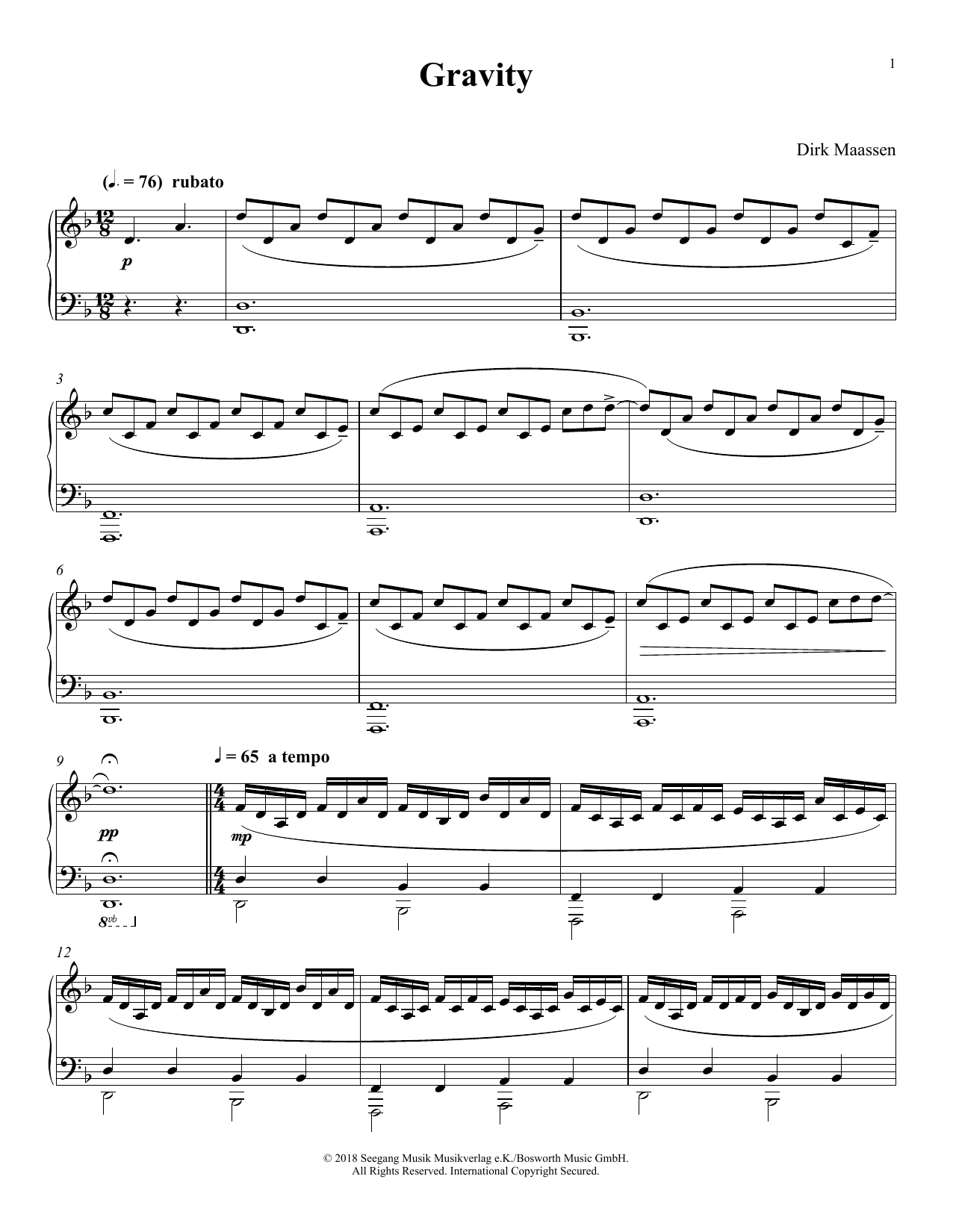 Dirk Maassen Gravity Sheet Music Notes & Chords for Piano Solo - Download or Print PDF