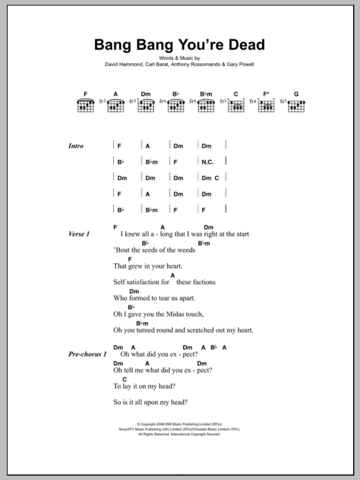 Dirty Pretty Things Bang Bang You're Dead Sheet Music Notes & Chords for Lyrics & Chords - Download or Print PDF