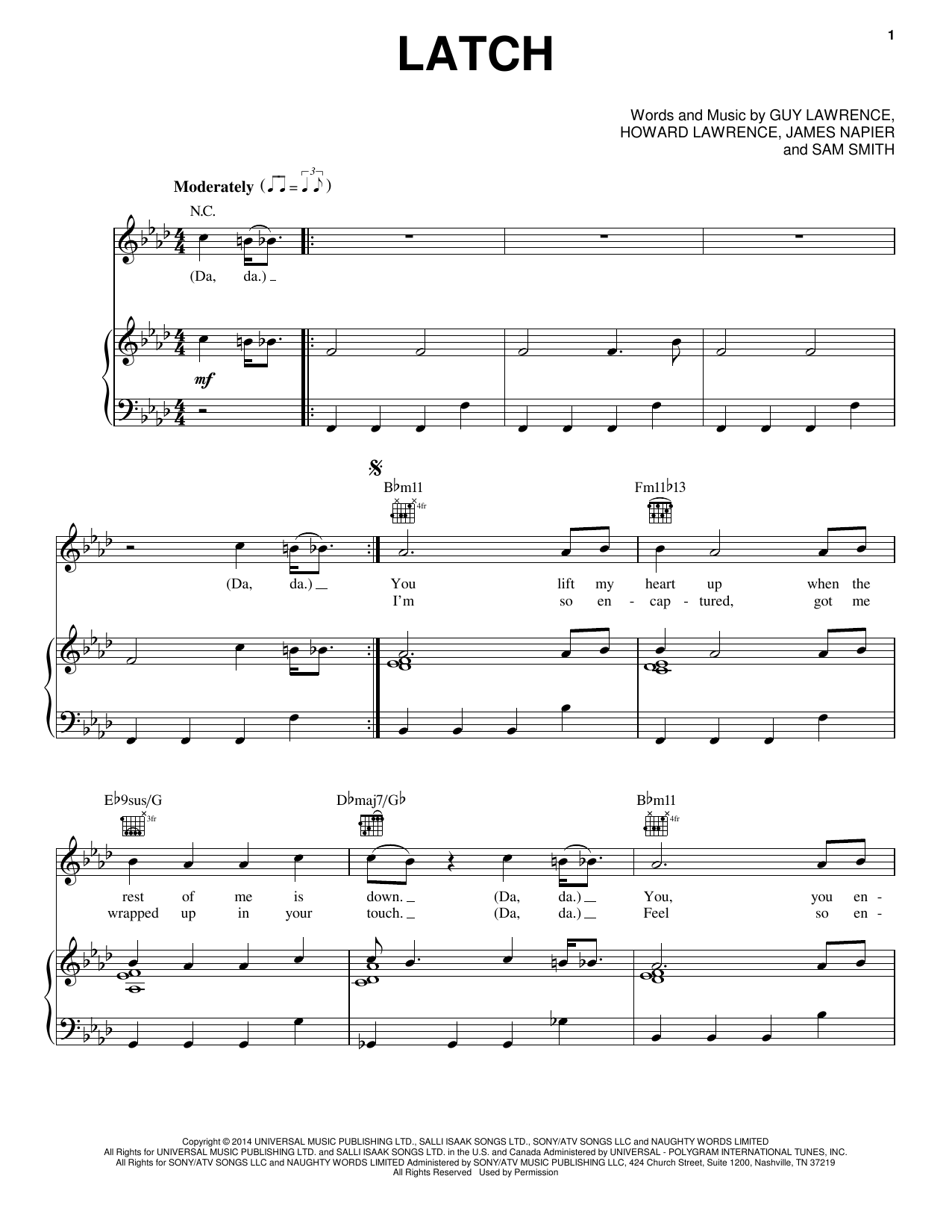 Disclosure featuring Sam Smith Latch Sheet Music Notes & Chords for Piano, Vocal & Guitar (Right-Hand Melody) - Download or Print PDF