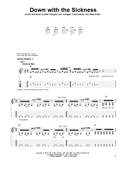Disturbed Down With The Sickness Sheet Music Notes & Chords for Bass Guitar Tab - Download or Print PDF