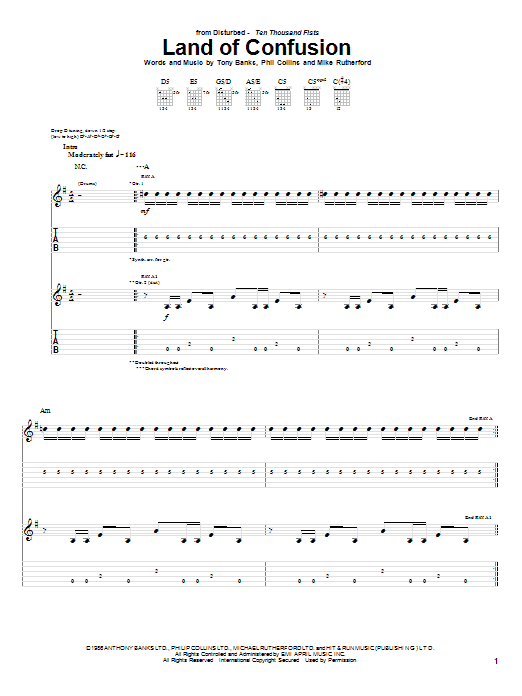 Preview Disturbed Land Of Confusion Rock sheet music, notes and chords for Guitar Tab, SKU: 58631 Land Of Confusion sheet music