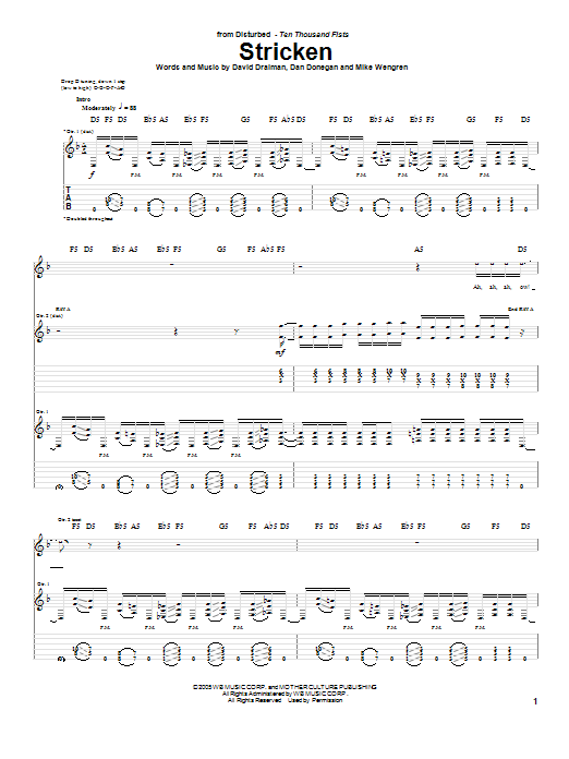 Disturbed Stricken Sheet Music Notes & Chords for Guitar Tab - Download or Print PDF