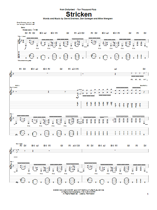 Disturbed Stricken Sheet Music Notes & Chords for Bass Guitar Tab - Download or Print PDF