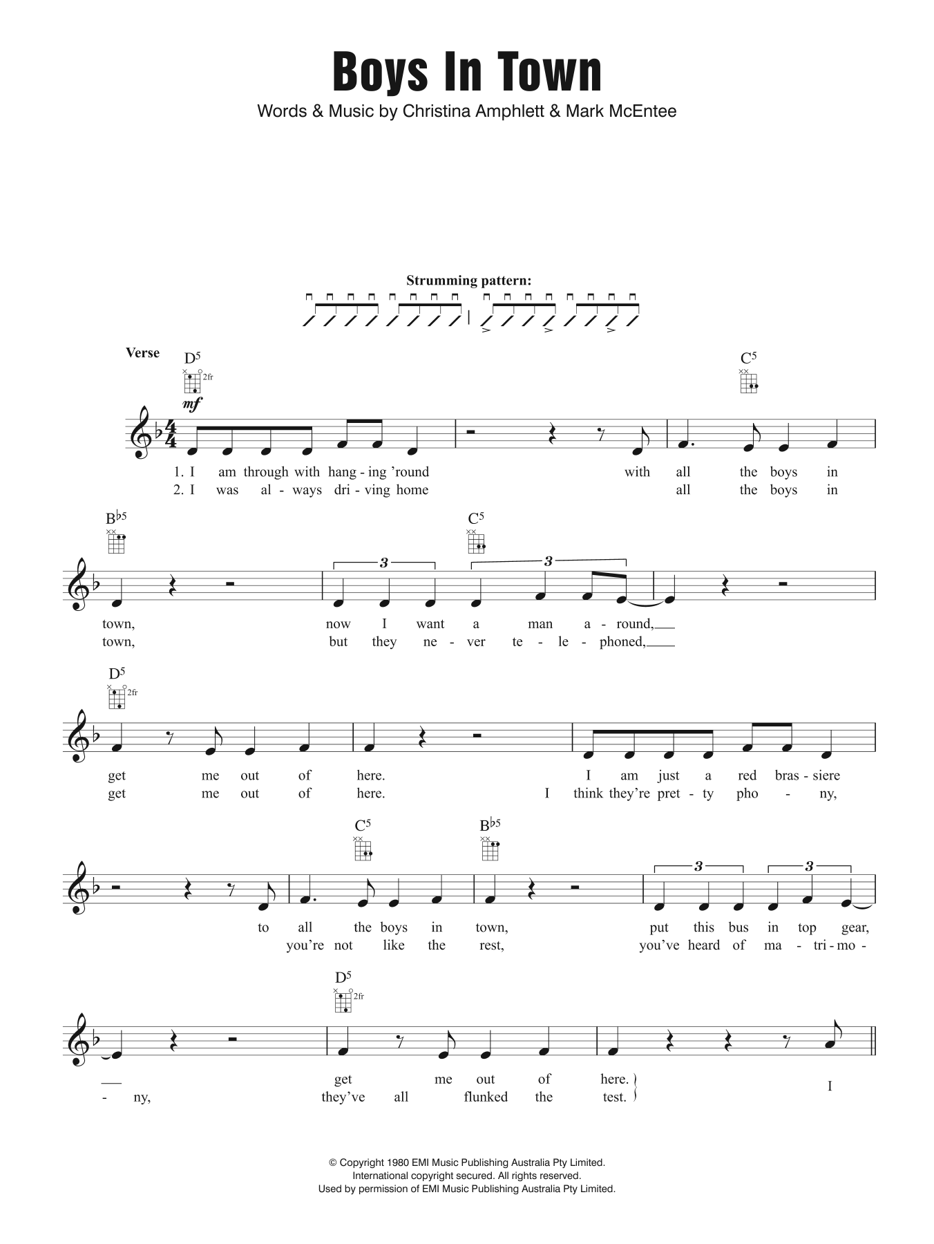 Divinyls Boys In Town Sheet Music Notes & Chords for Melody Line, Lyrics & Chords - Download or Print PDF