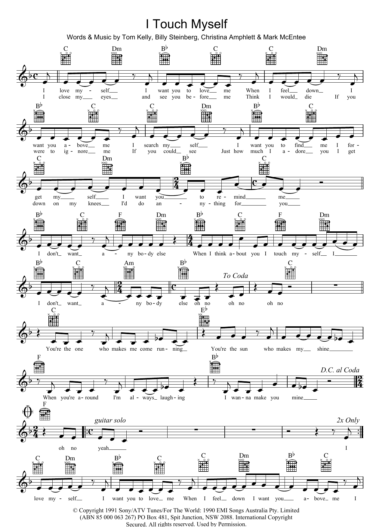 Divinyls I Touch Myself Sheet Music Notes & Chords for Easy Piano - Download or Print PDF