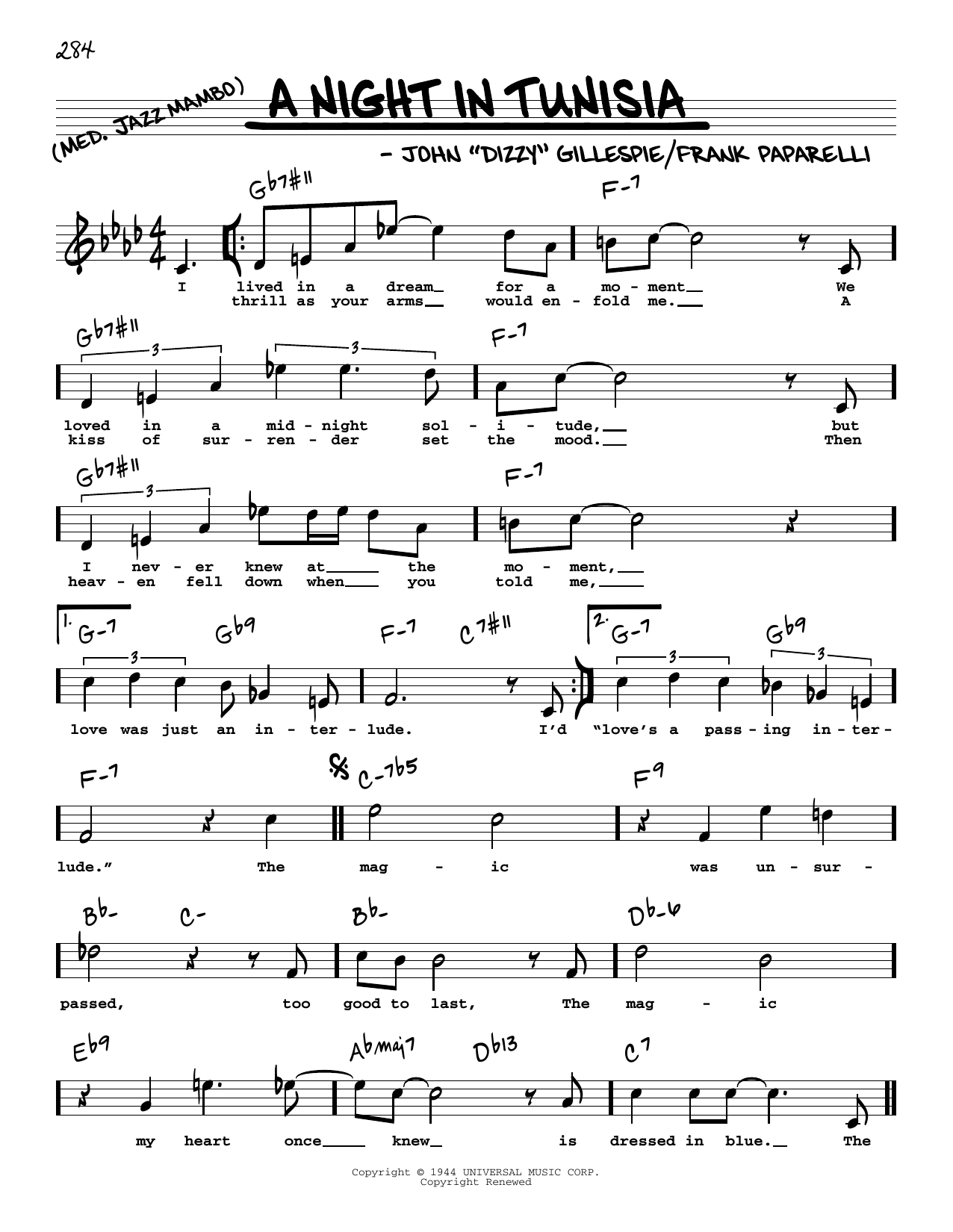 Dizzy Gillespie A Night In Tunisia (High Voice) Sheet Music Notes & Chords for Real Book – Melody, Lyrics & Chords - Download or Print PDF