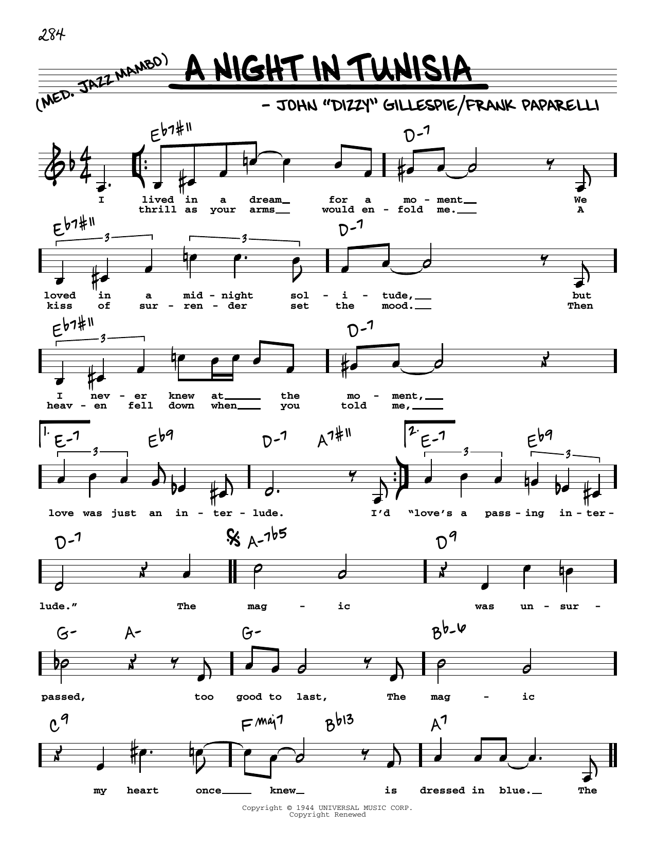 Dizzy Gillespie A Night In Tunisia (Low Voice) Sheet Music Notes & Chords for Real Book – Melody, Lyrics & Chords - Download or Print PDF