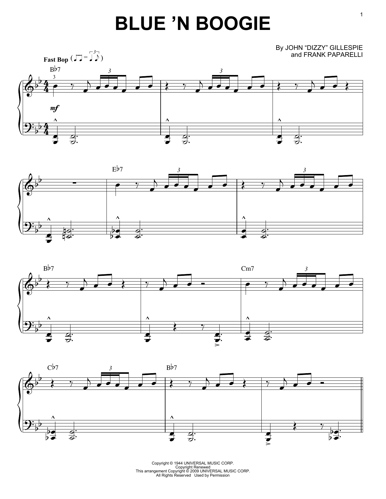 Dizzy Gillespie Blue 'N Boogie [Jazz version] Sheet Music Notes & Chords for Piano Solo - Download or Print PDF