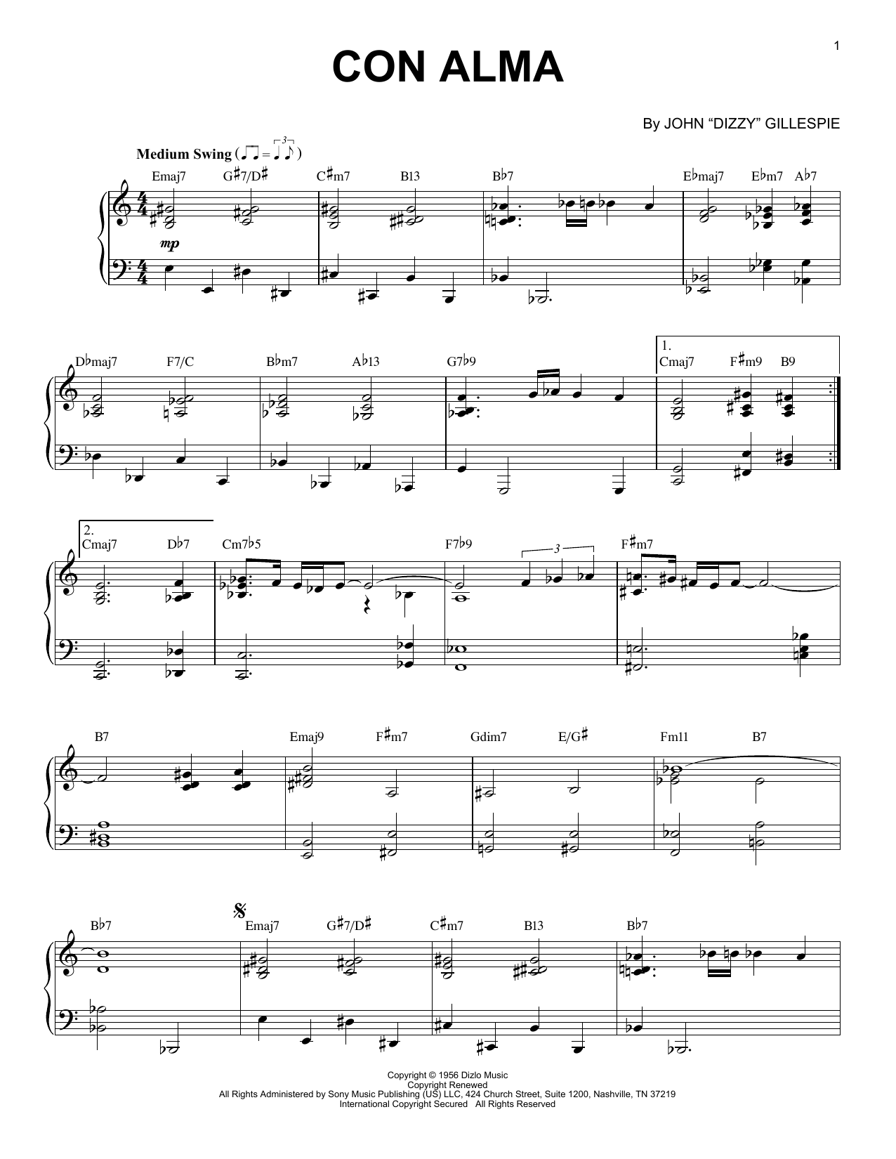 Dizzy Gillespie Con Alma (arr. Brent Edstrom & Jim Sodke) Sheet Music Notes & Chords for Piano Solo - Download or Print PDF