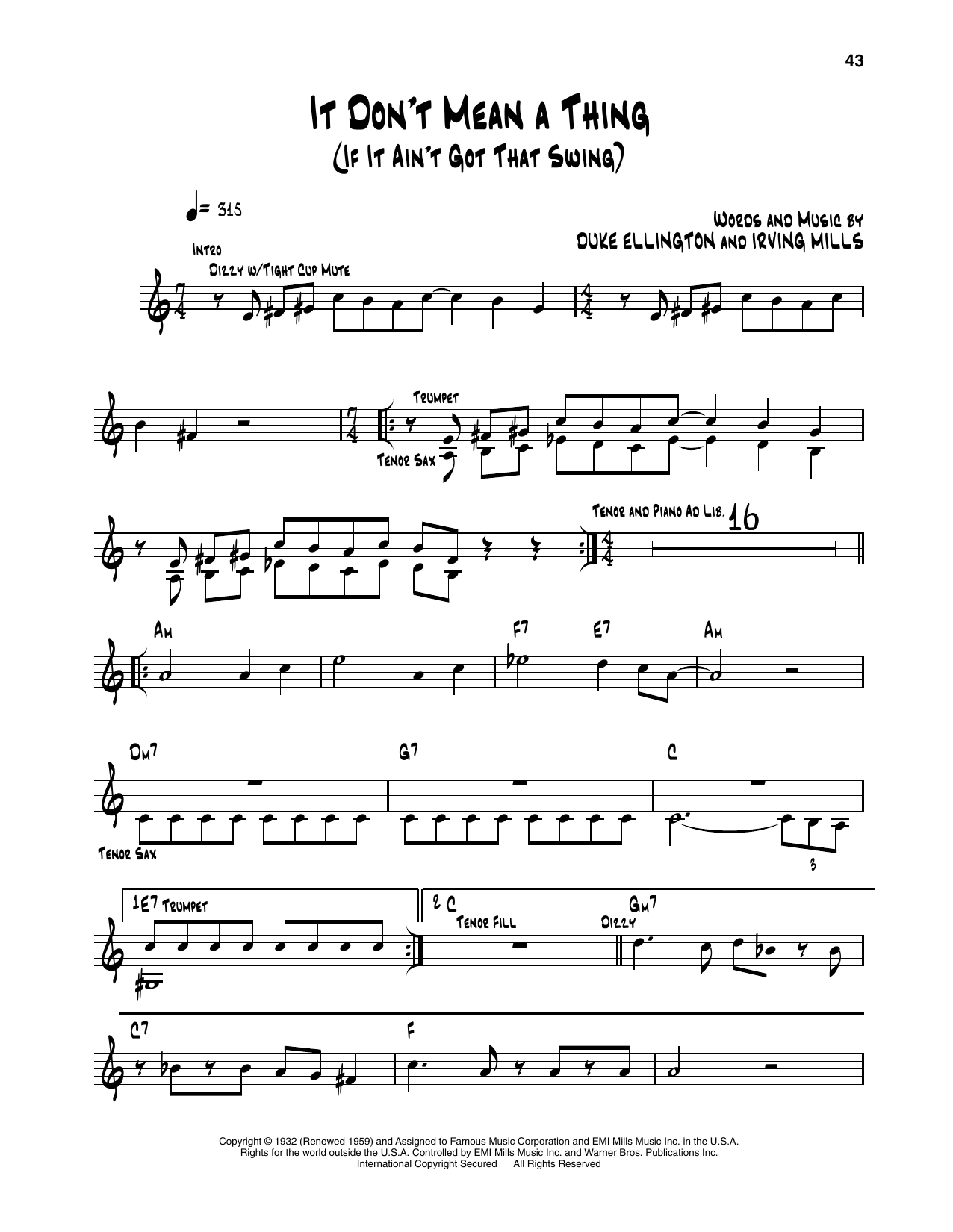 Dizzy Gillespie It Don't Mean A Thing (If It Ain't Got That Swing) Sheet Music Notes & Chords for Trumpet Transcription - Download or Print PDF