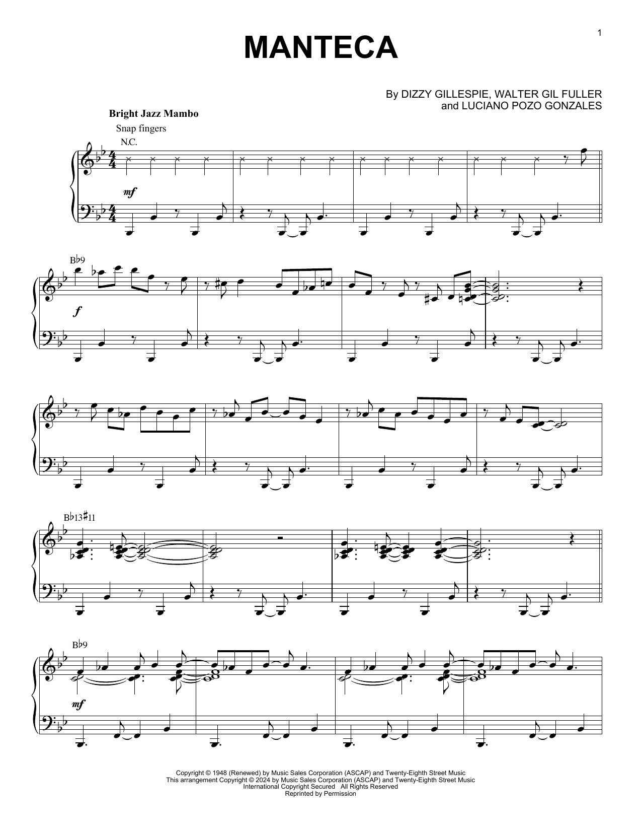 Dizzy Gillespie Manteca (arr. Brent Edstrom) Sheet Music Notes & Chords for Piano Solo - Download or Print PDF