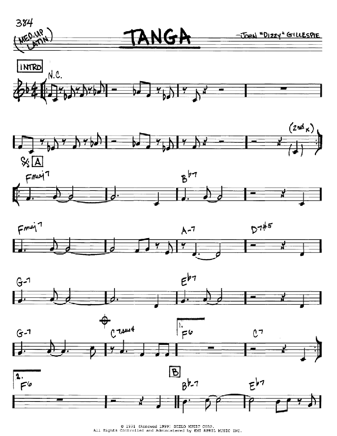 Dizzy Gillespie Tanga Sheet Music Notes & Chords for Real Book - Melody & Chords - C Instruments - Download or Print PDF