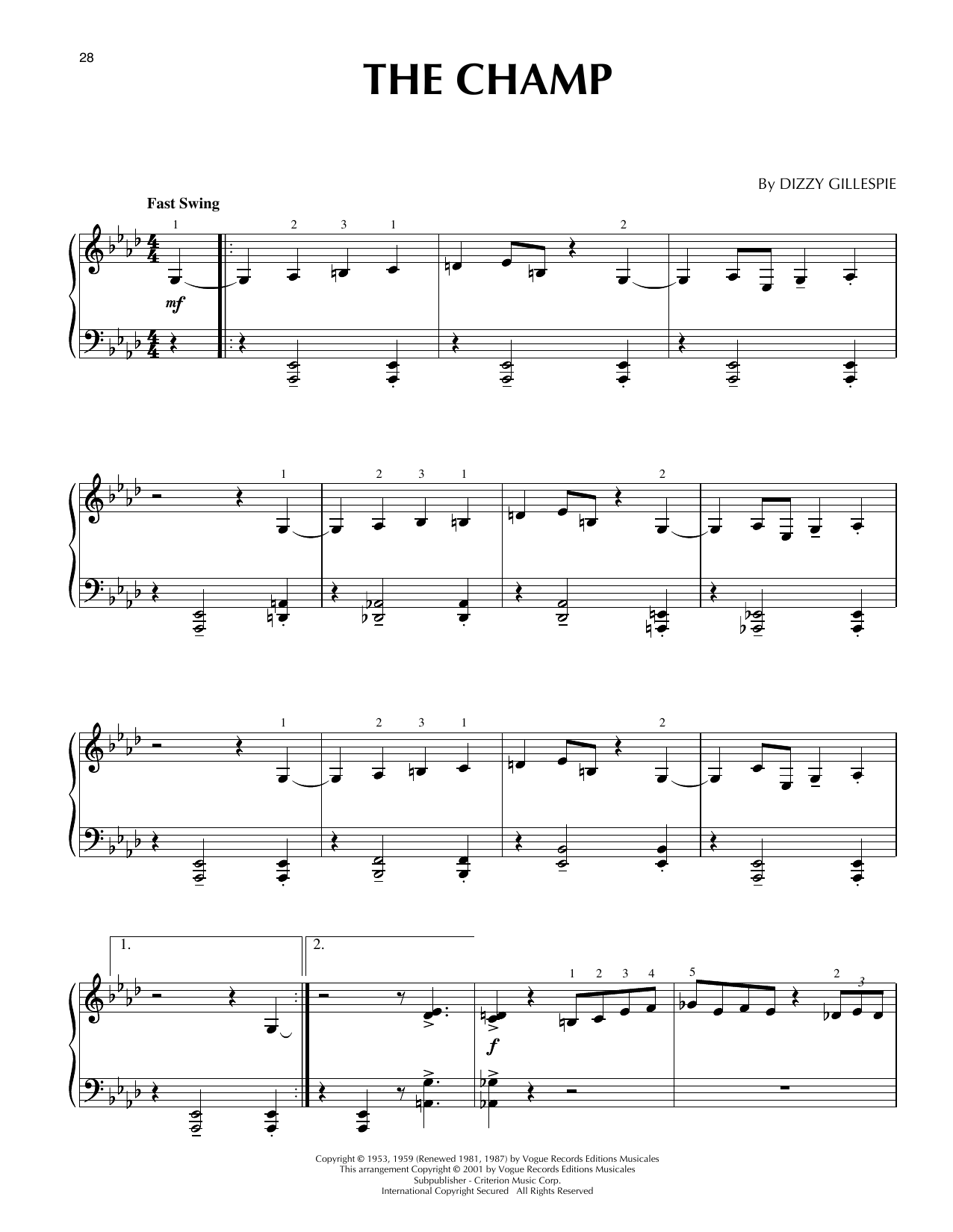 Dizzy Gillespie The Champ (arr. Brent Edstrom) Sheet Music Notes & Chords for Piano Solo - Download or Print PDF