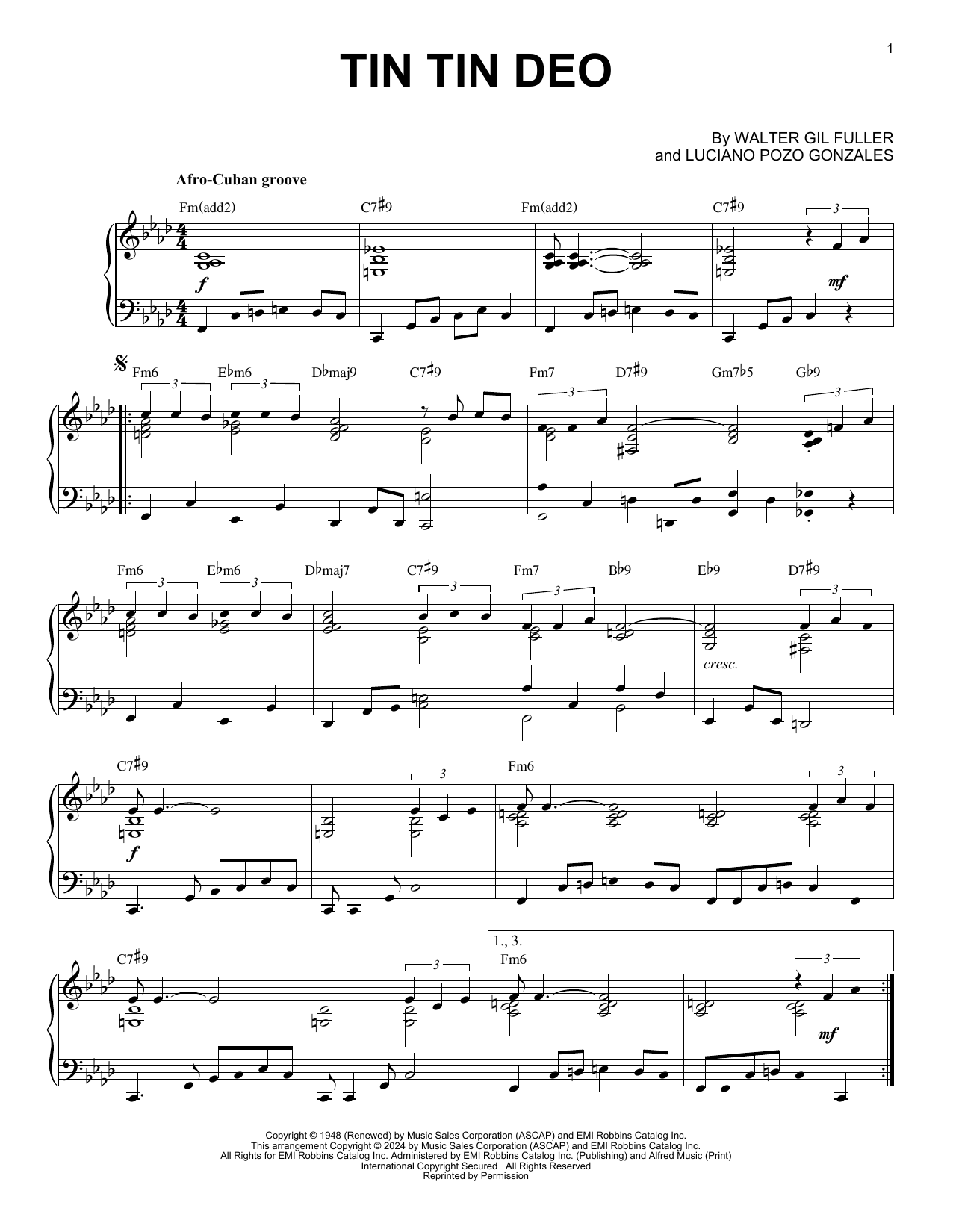 Dizzy Gillespie Tin Tin Deo (arr. Brent Edstrom) Sheet Music Notes & Chords for Piano Solo - Download or Print PDF