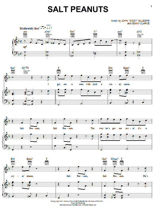 Preview Dizzy Gillespie Salt Peanuts Jazz sheet music, notes and chords for Piano, Vocal & Guitar (Right-Hand Melody), SKU: 30219 Salt Peanuts sheet music