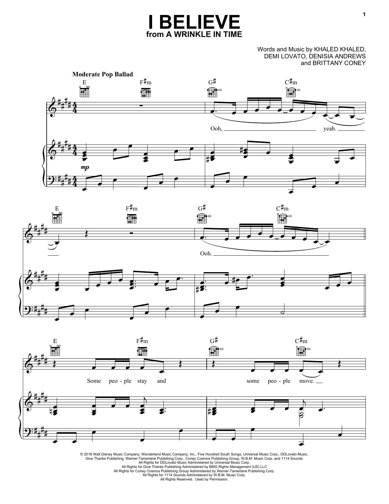DJ Khaled and Demi Lovato I Believe Sheet Music Notes & Chords for Piano, Vocal & Guitar (Right-Hand Melody) - Download or Print PDF