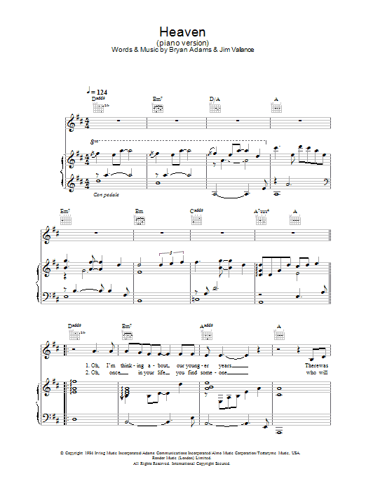 Bryan Adams Heaven (piano version) Sheet Music Notes & Chords for Lead Sheet / Fake Book - Download or Print PDF