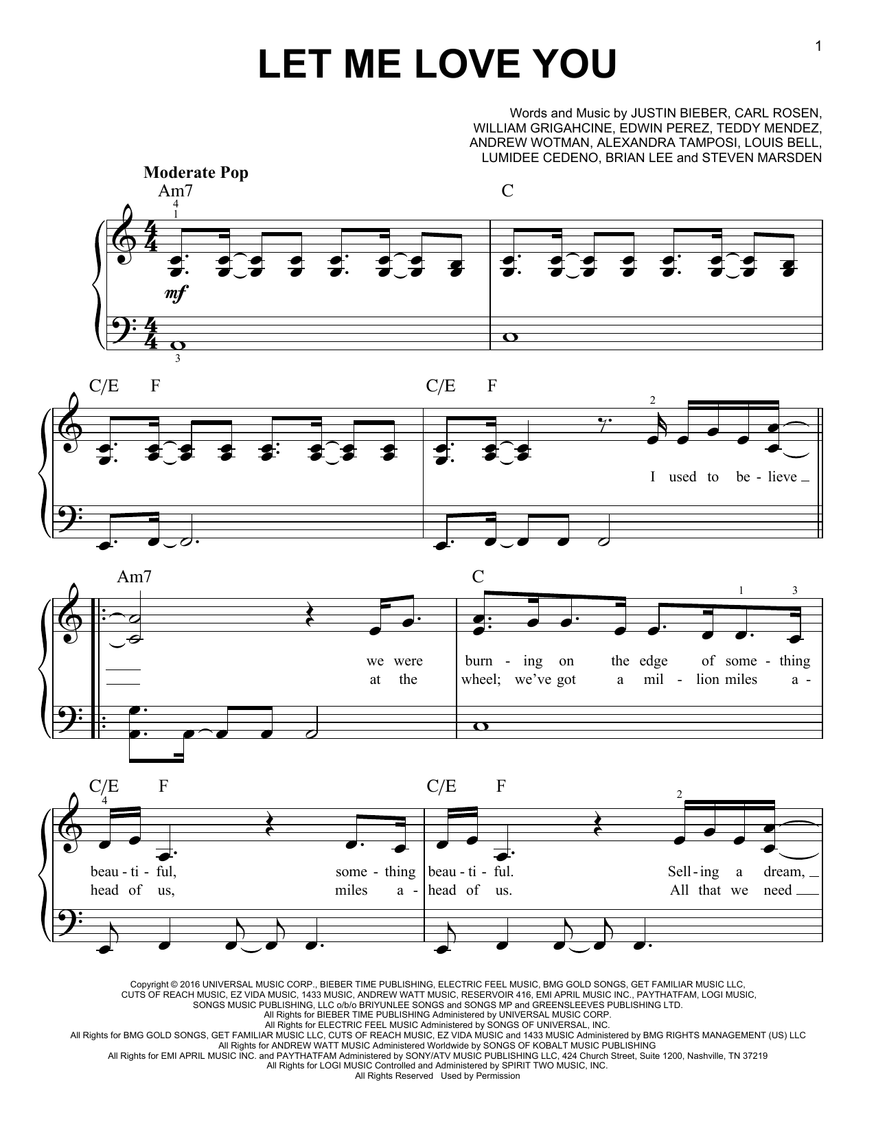 DJ Snake Feat. Justin Bieber Let Me Love You Sheet Music Notes & Chords for Easy Piano - Download or Print PDF