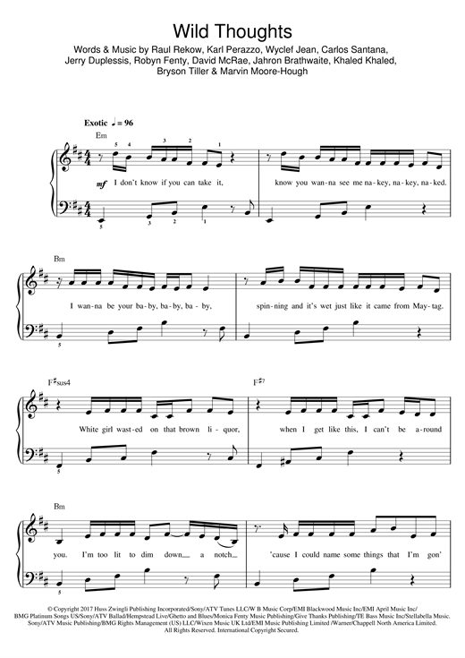 Preview DJ Khaled Wild Thoughts (feat. Rihanna & Bryson Tiller) Pop sheet music, notes and chords for Beginner Piano, SKU: 125227 Wild Thoughts (feat. Rihanna & Bryson Tiller) sheet music