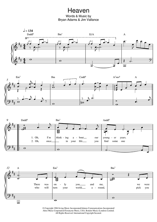 Preview Bryan Adams Heaven (piano version) Pop sheet music, notes and chords for Lead Sheet / Fake Book, SKU: 358111 Heaven (piano version) sheet music
