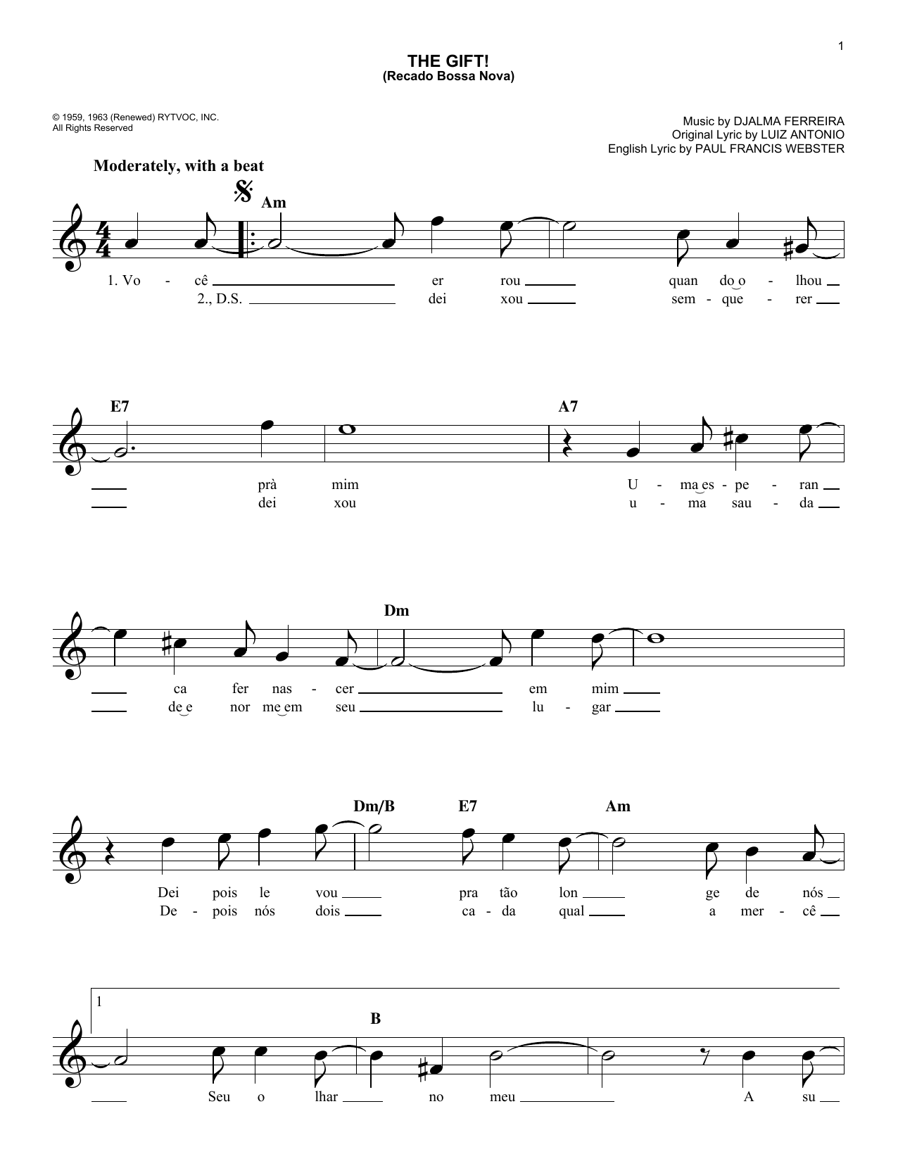 Djalma Ferreira The Gift! (Recado Bossa Nova) Sheet Music Notes & Chords for Melody Line, Lyrics & Chords - Download or Print PDF