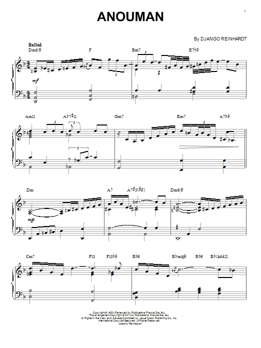 Django Reinhardt Anouman (arr. Brent Edstrom) Sheet Music Notes & Chords for Piano - Download or Print PDF