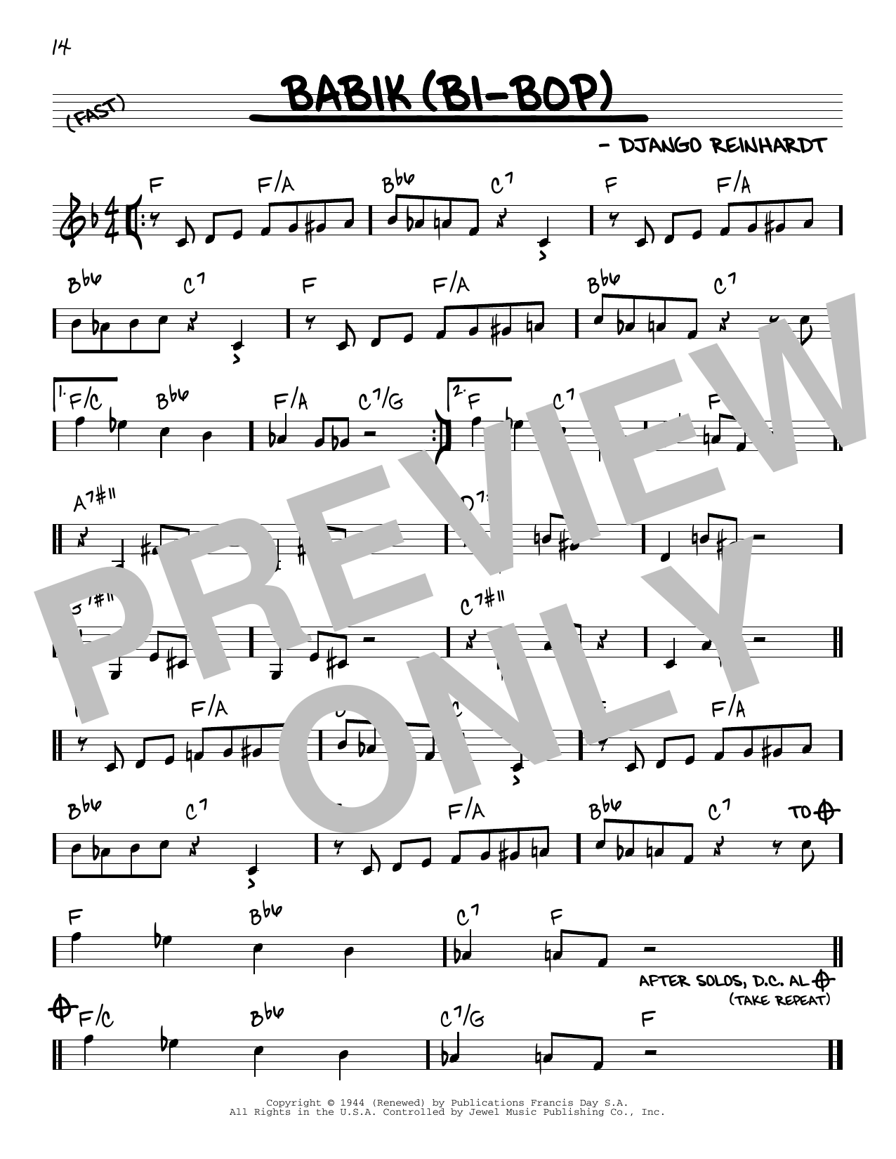 Django Reinhardt Babik (Bi-Bop) Sheet Music Notes & Chords for Real Book – Melody & Chords - Download or Print PDF