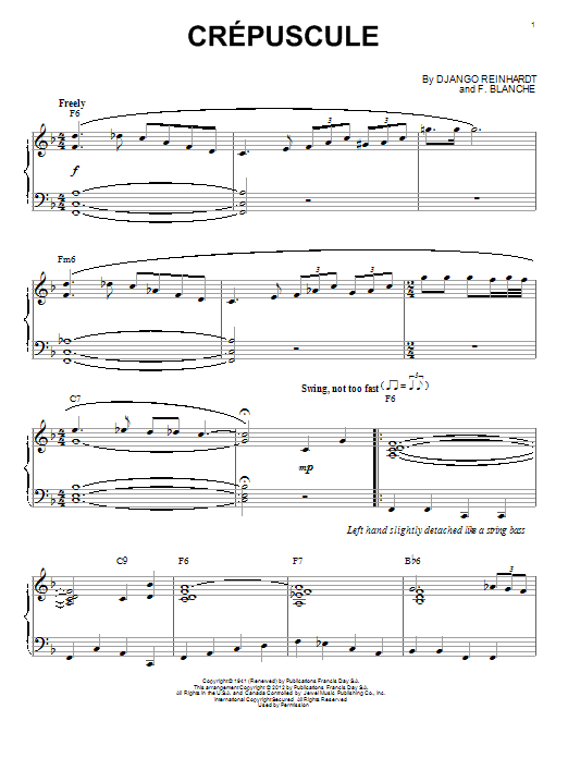 Django Reinhardt Crepuscule (arr. Brent Edstrom) Sheet Music Notes & Chords for Piano - Download or Print PDF