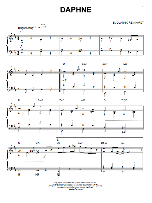 Django Reinhardt Daphne (arr. Brent Edstrom) Sheet Music Notes & Chords for Piano - Download or Print PDF