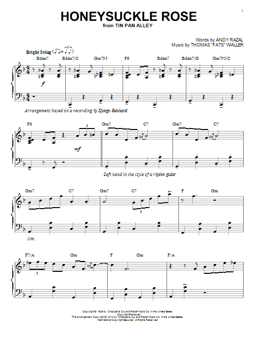 Django Reinhardt Honeysuckle Rose (arr. Brent Edstrom) Sheet Music Notes & Chords for Piano - Download or Print PDF