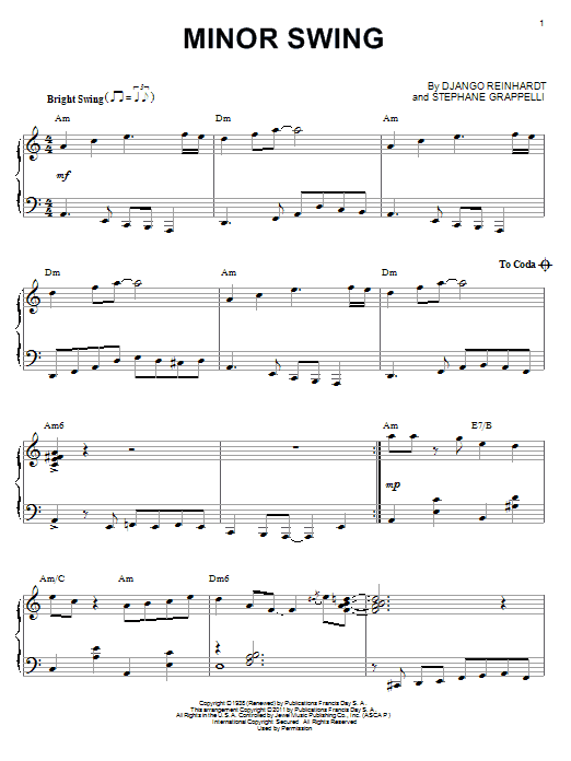 Django Reinhardt Minor Swing (arr. Brent Edstrom) Sheet Music Notes & Chords for Piano - Download or Print PDF