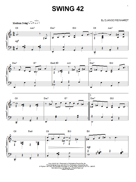 Django Reinhardt Swing 42 (arr. Brent Edstrom) Sheet Music Notes & Chords for Piano - Download or Print PDF