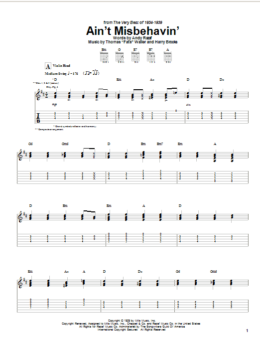 Preview Django Reinhardt Ain't Misbehavin' Jazz sheet music, notes and chords for Guitar Tab, SKU: 21967 Ain't Misbehavin' sheet music